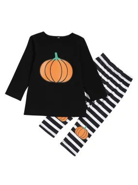 2-Piece Halloween Pumpkin Black T-shirt  Stripe Trousers