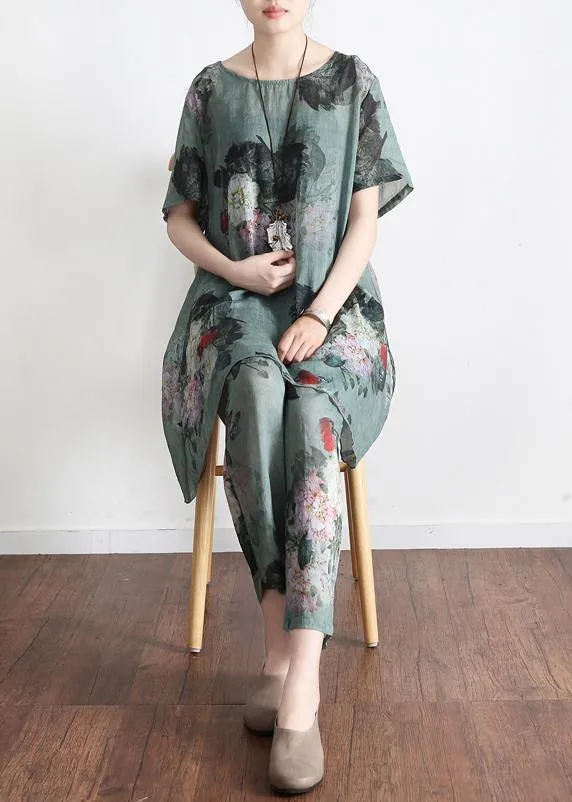 2021 New Loose Green Print Short Sleeve Shirt Casual Pants Linen Set