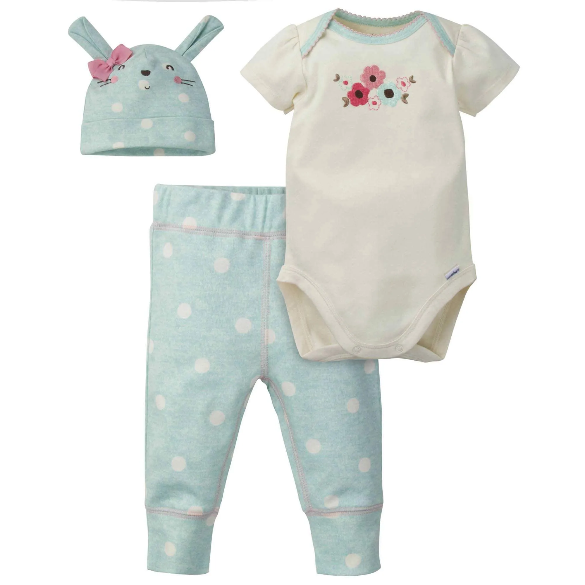 3-Piece Baby Girls Bunny Organic Onesies® Bodysuit, Pant & Cap Set