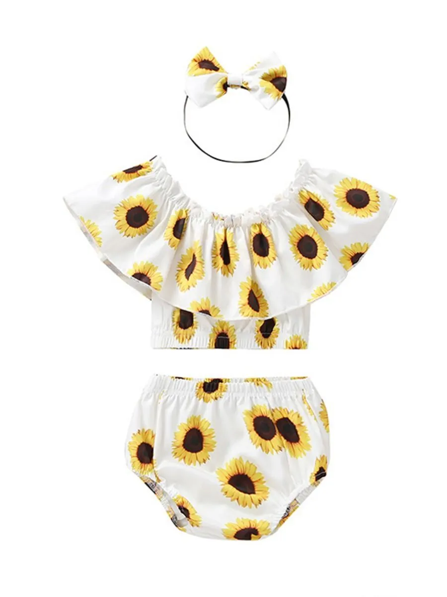 3-Piece Sunflower Printed Baby Girl Outfit Off Shoulder Top Shorts Headband