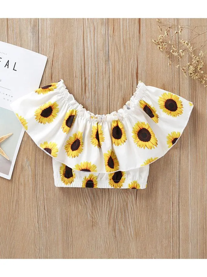 3-Piece Sunflower Printed Baby Girl Outfit Off Shoulder Top Shorts Headband