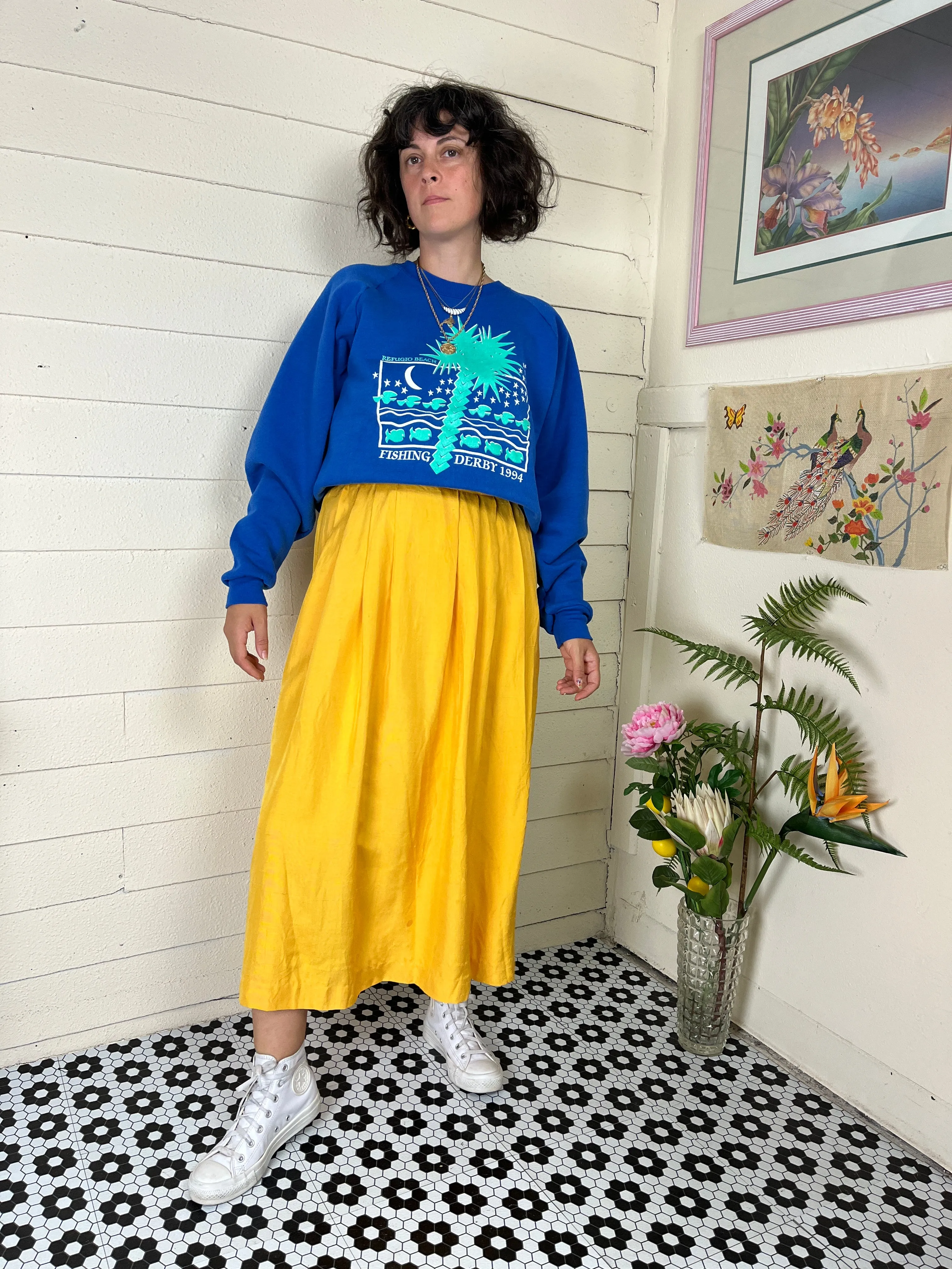 90s RAW SILK BRIGHT YELLOW MAXI SKIRT