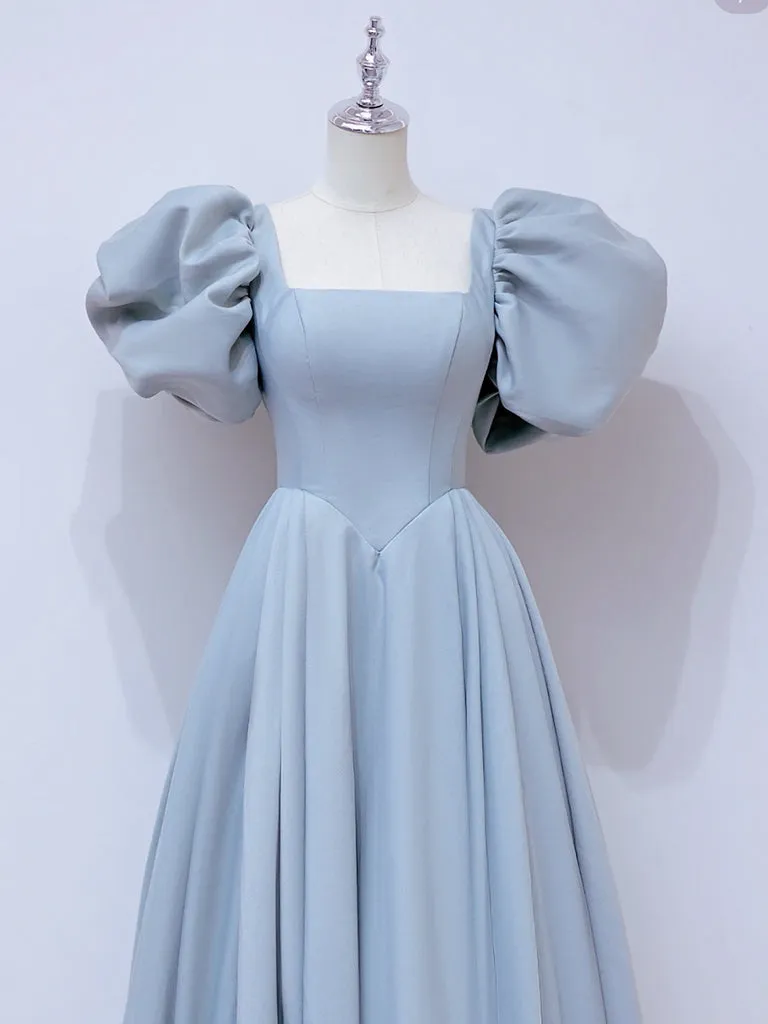 A-Line Puff sleeves Long Blue Prom Dress, Square Neckline Blue Long Formal Dress