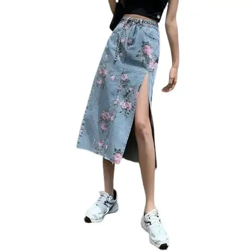 Aesthetic High Waist Flower Print Long Denim Skirt