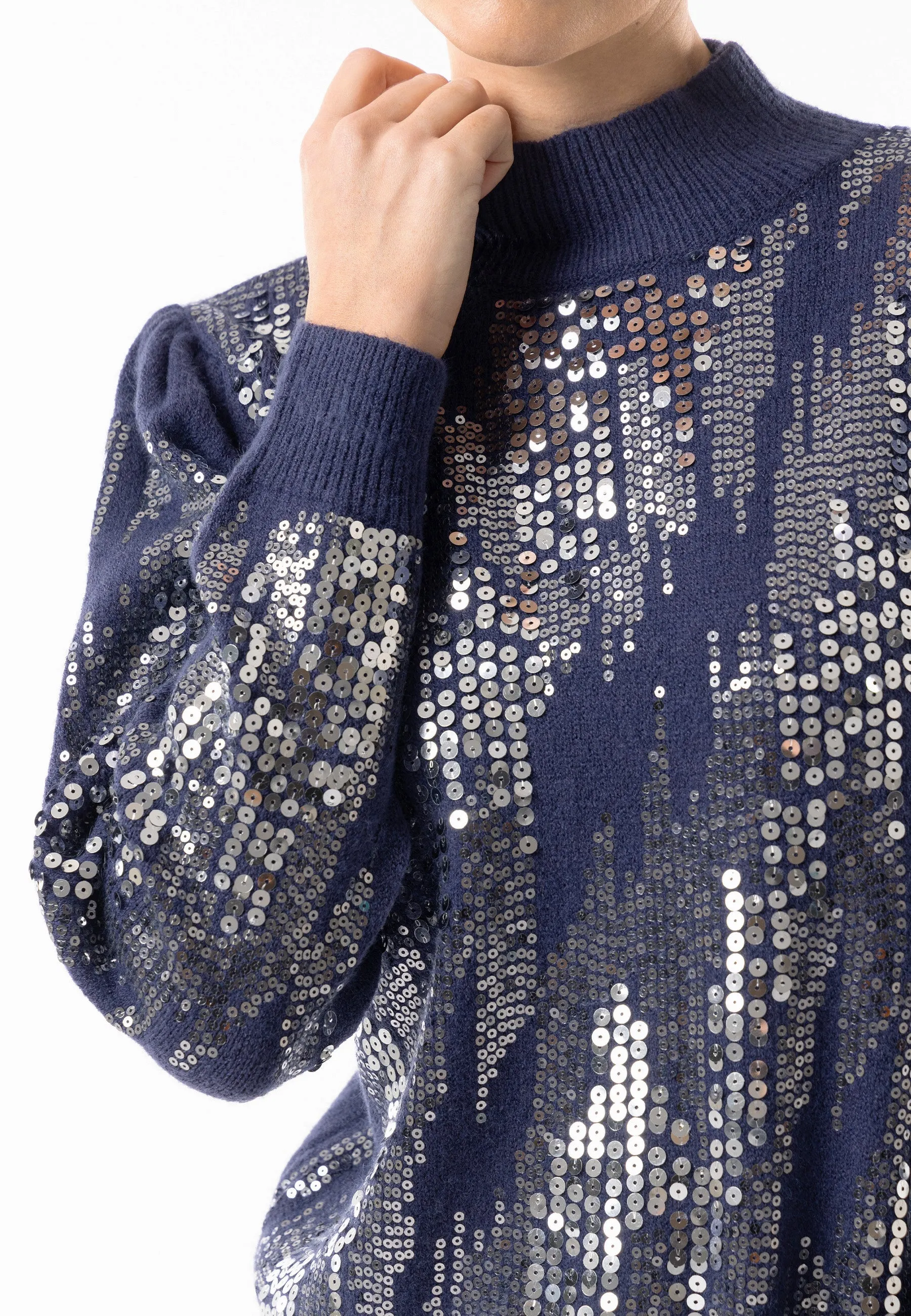 Angeleye Navy High Neck Jumper With Silver Sequin Detail