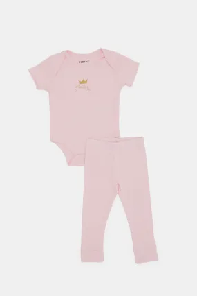 Babies Pink Printed Bodysuit Set (2 Piece)