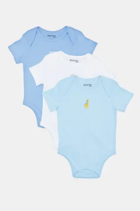 Babies White And Blue Printed Bodysuit Set (Pack Of 3)