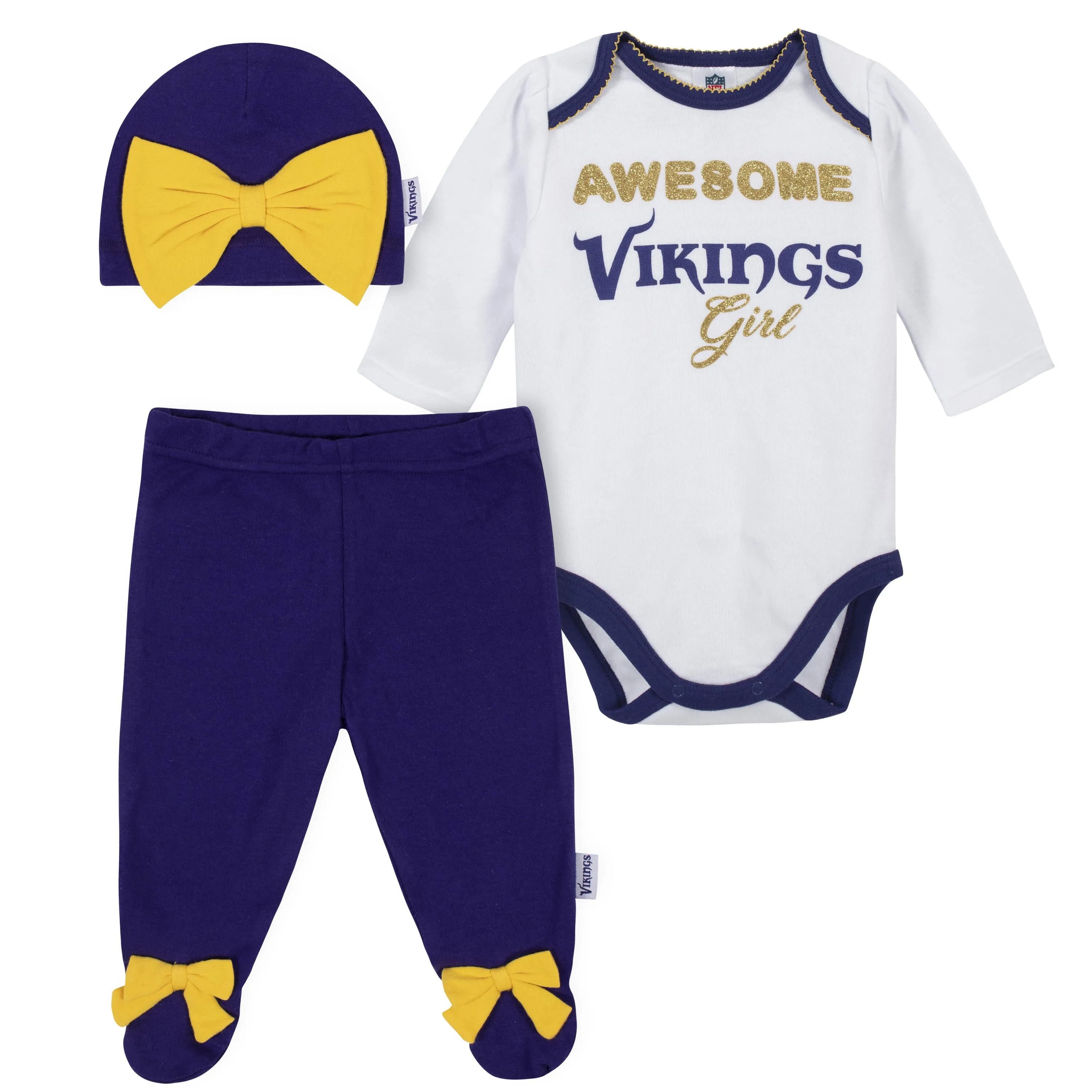 Baby Girls Minnesota Vikings 3-Piece Bodysuit, Footed Pant, and Cap Set