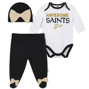 Baby Girls New Orleans Saints 3-Piece Bodysuit, Footed Pant, and Cap Set