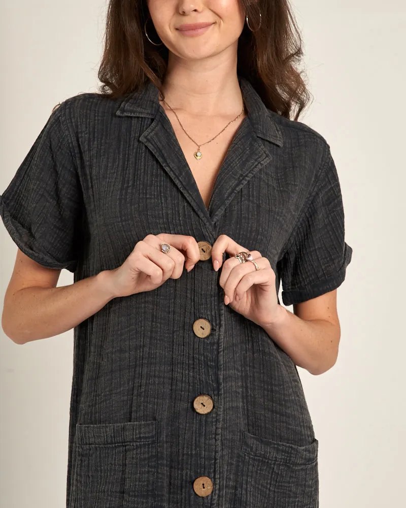 Beachy & Breezy Button Down Dress in Washed Black