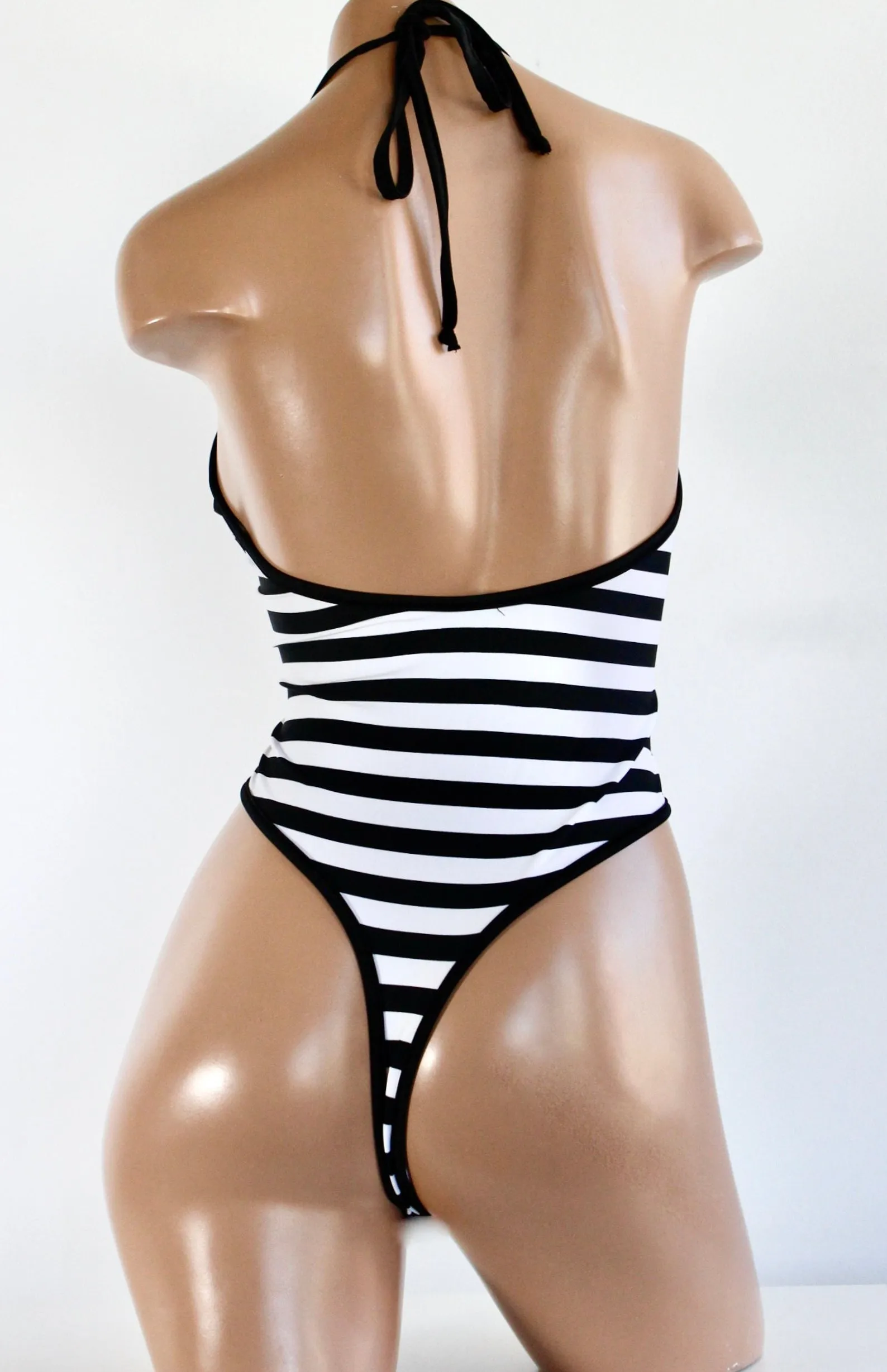 Beetle Babe Black and White Stripes High Cut Halter Bodysuit