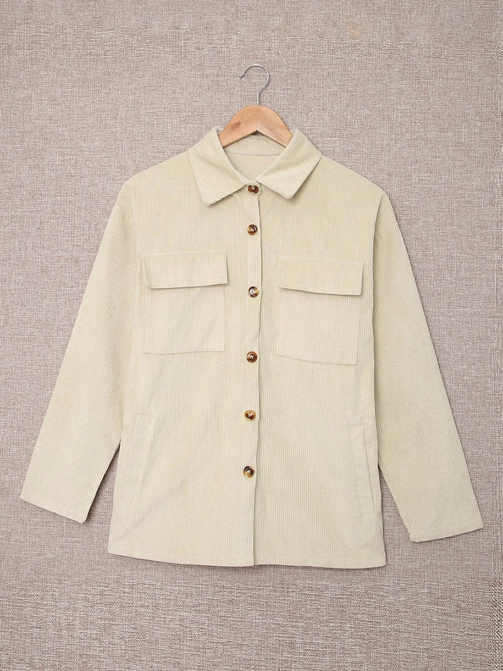 Beige Ribbed Textured Shacket with Front Pockets