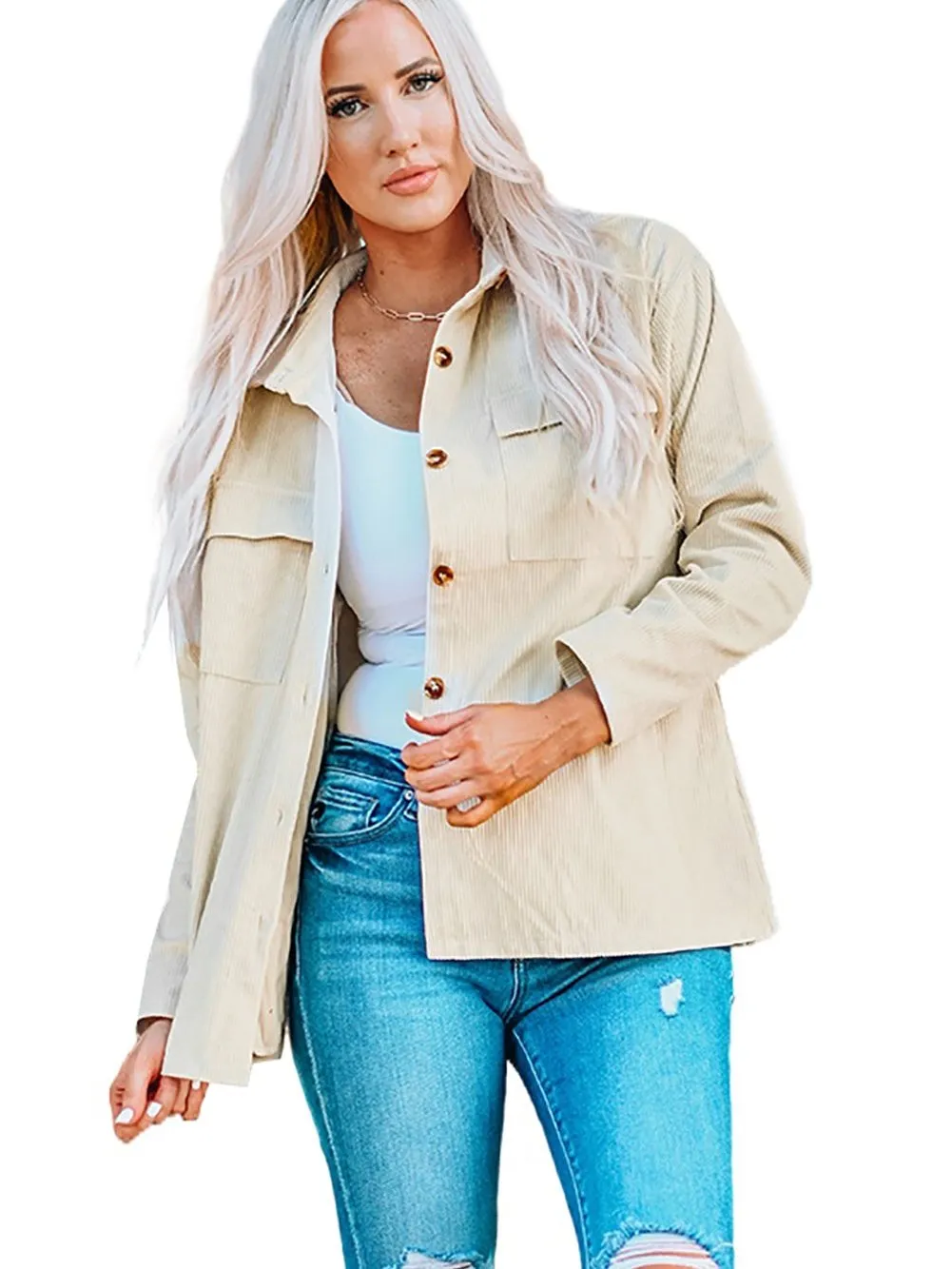 Beige Ribbed Textured Shacket with Front Pockets