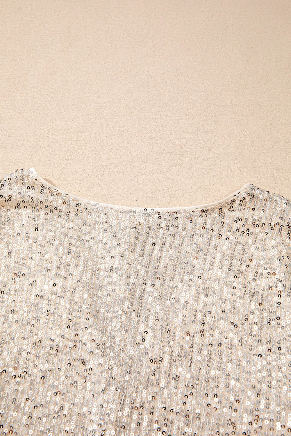 Beige Sequin Long Sleeve Wrap V Neck Bodysuit