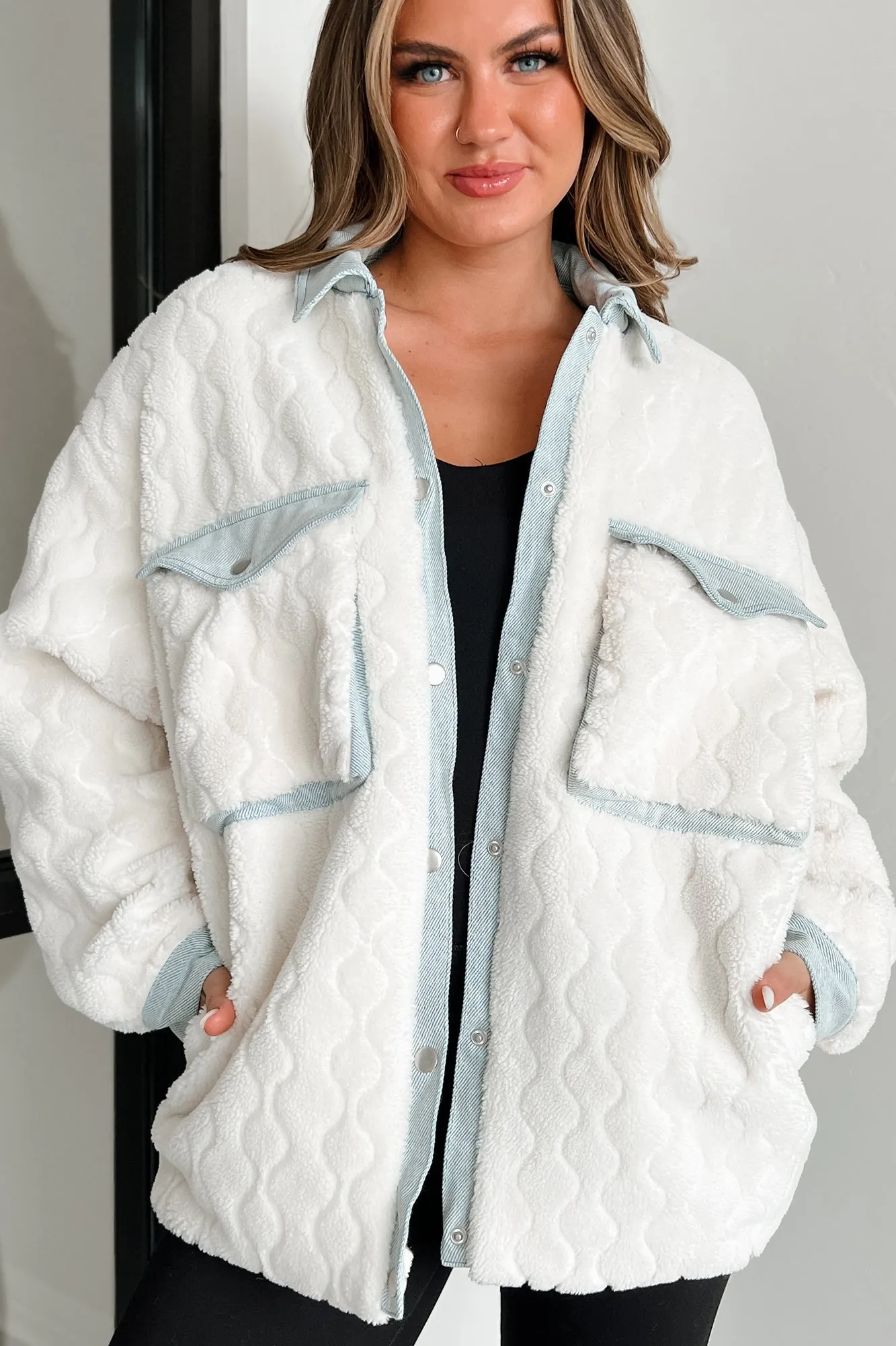 Best Of Both Worlds Fleece Jacket With Denim Contrast (Ivory/Denim)