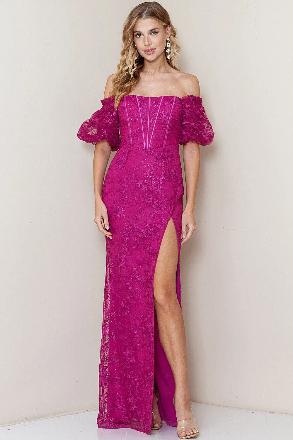 Beverly Lace Off the Shoulder Corset Gown - Magenta