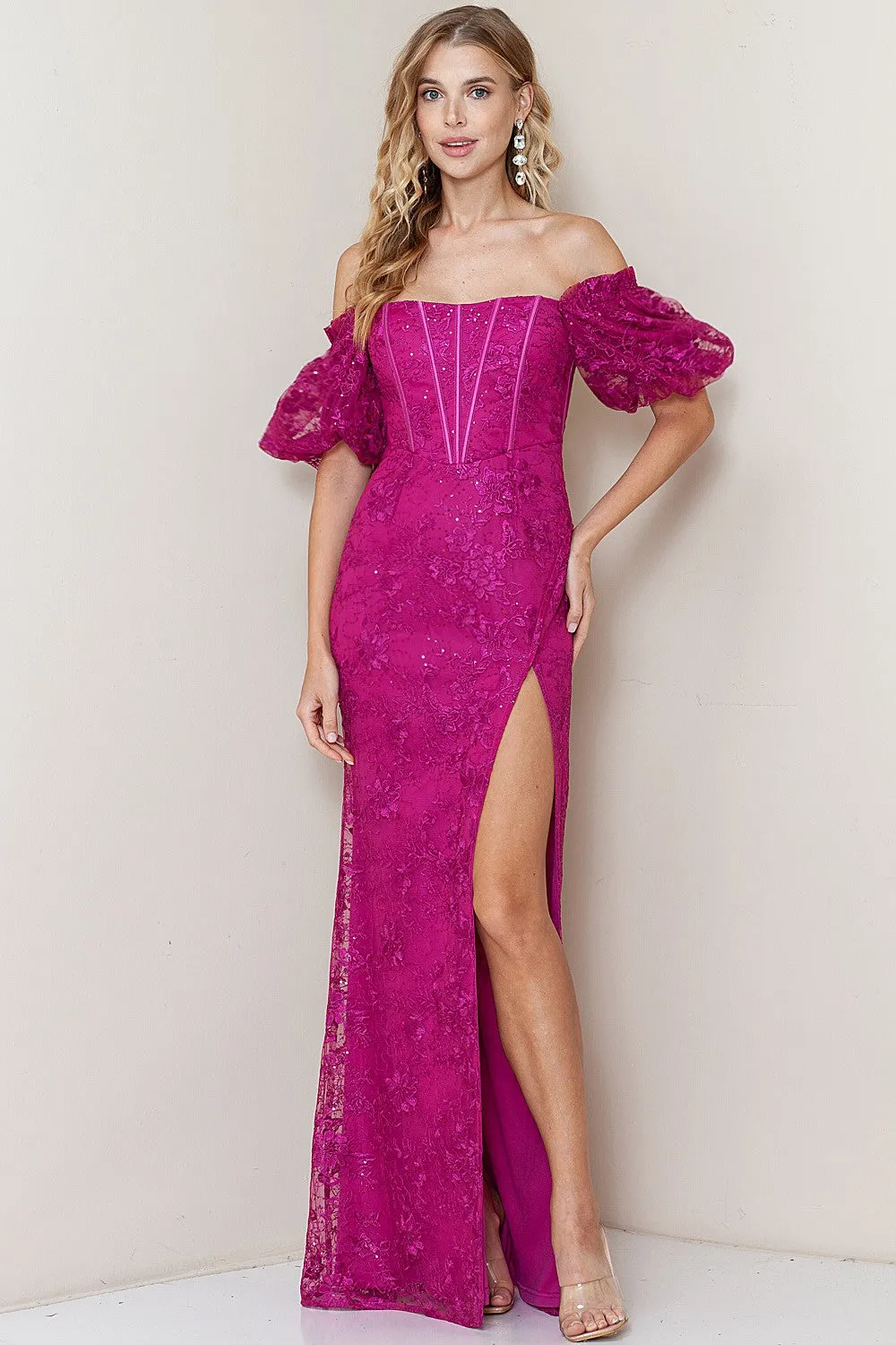 Beverly Lace Off the Shoulder Corset Gown - Magenta