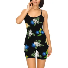 black back blue gold white floral print large Women's Short Yoga Bodysuit