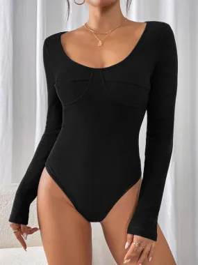 Black Bodysuit with Sculpted Seams & Long Sleeves