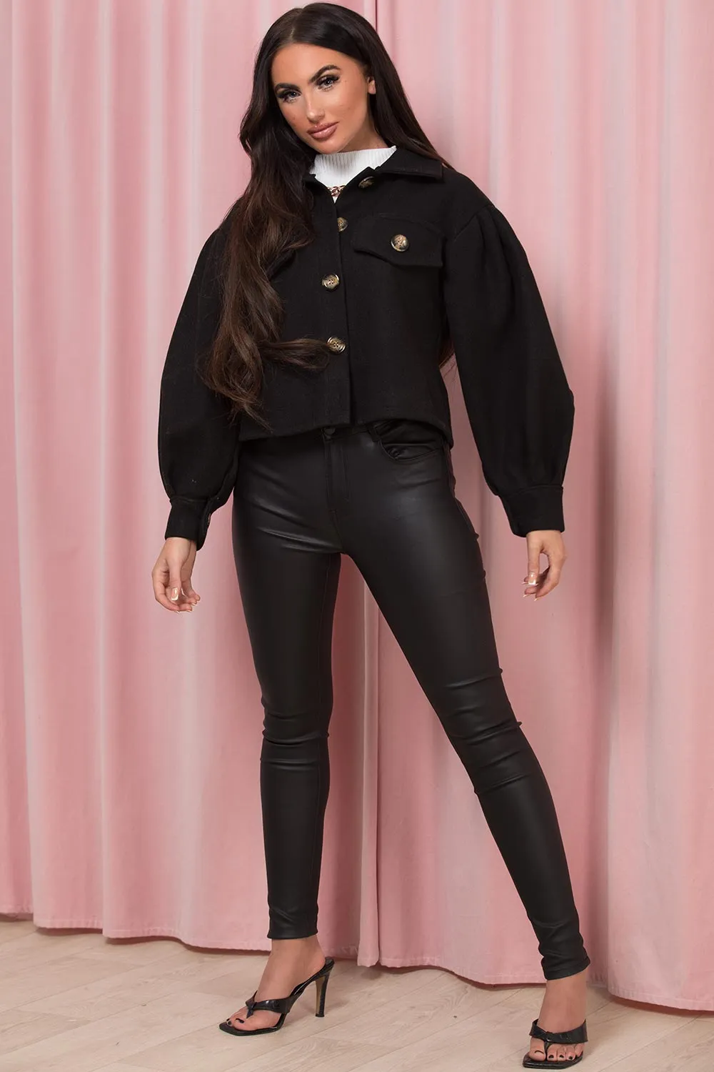 Black Cropped Shacket Jacket With Puff Sleeves