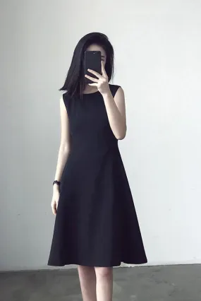 Black sleeveless, slim high-waist a-line dress 190209#