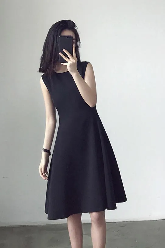 Black sleeveless, slim high-waist a-line dress 190209#