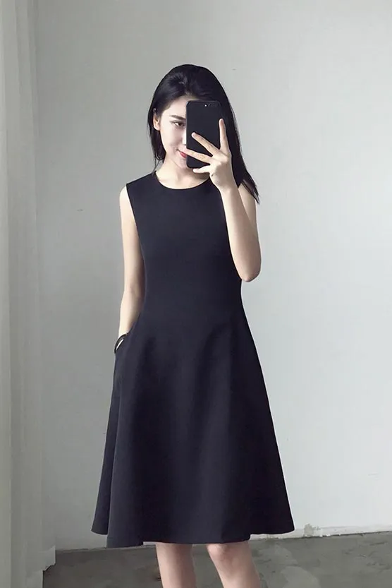 Black sleeveless, slim high-waist a-line dress 190209#