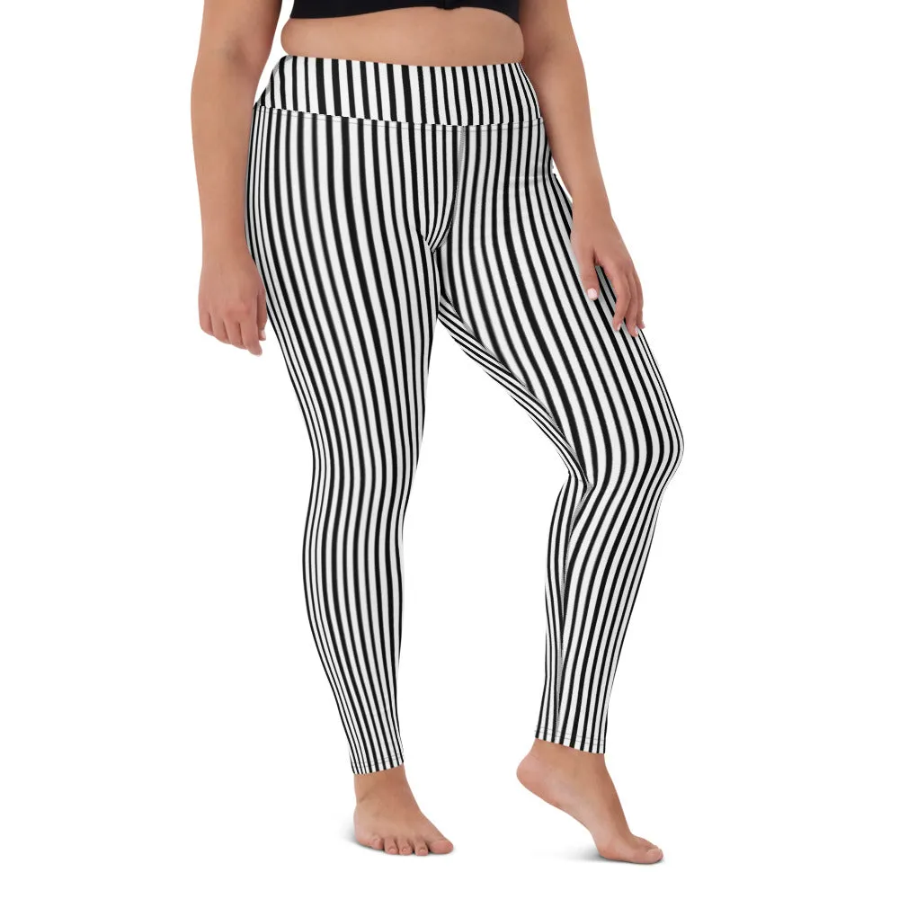 Black White Striped Yoga Leggings, Vertical Stripes Women's Long Tight Pants-Made in USA/EU/MX