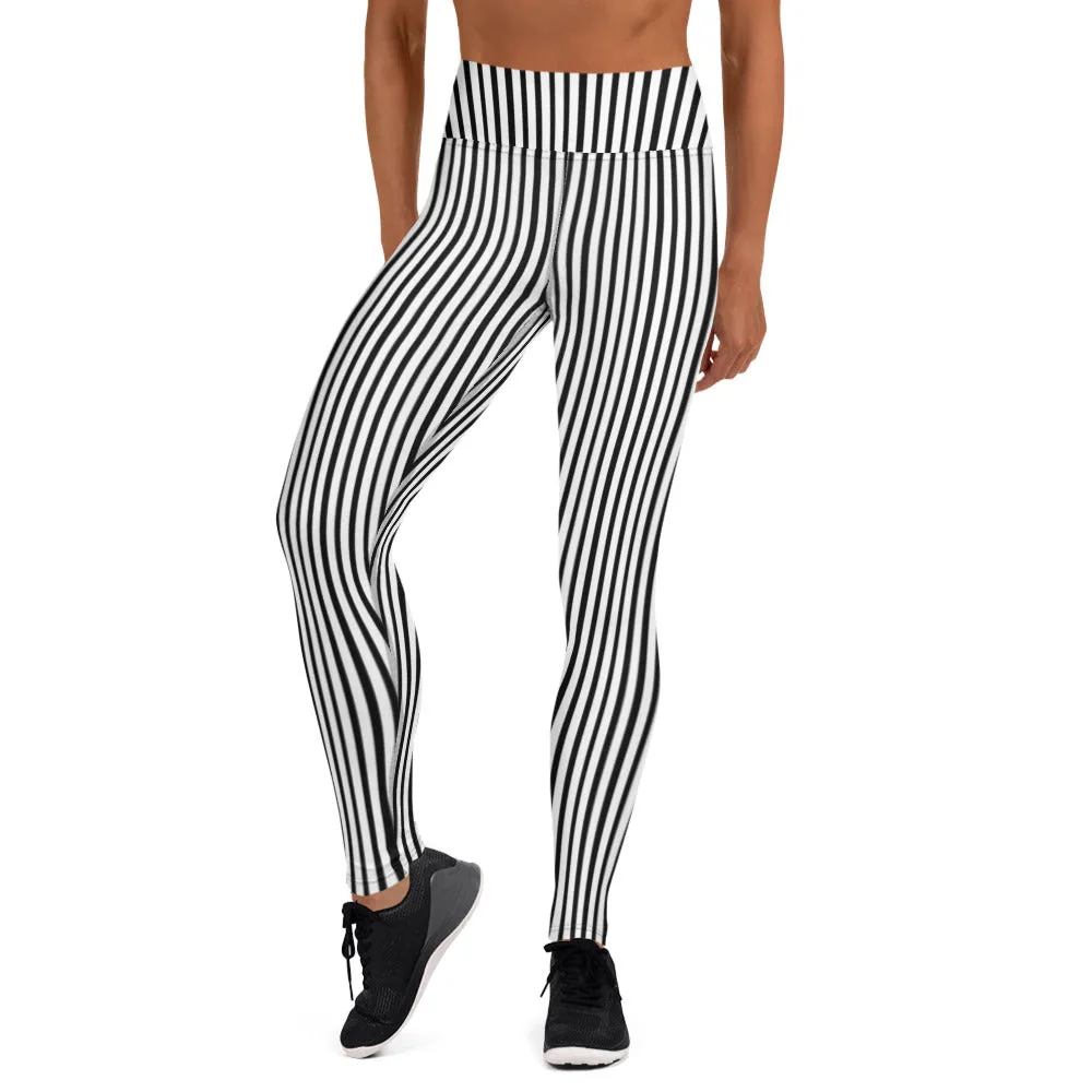 Black White Striped Yoga Leggings, Vertical Stripes Women's Long Tight Pants-Made in USA/EU/MX