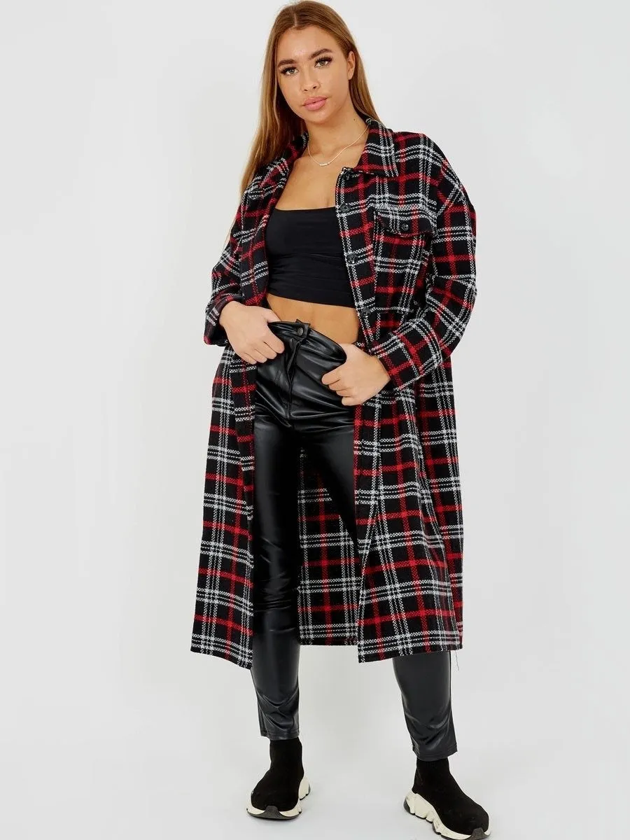 Black Wool Blend Long Check Shacket Coat