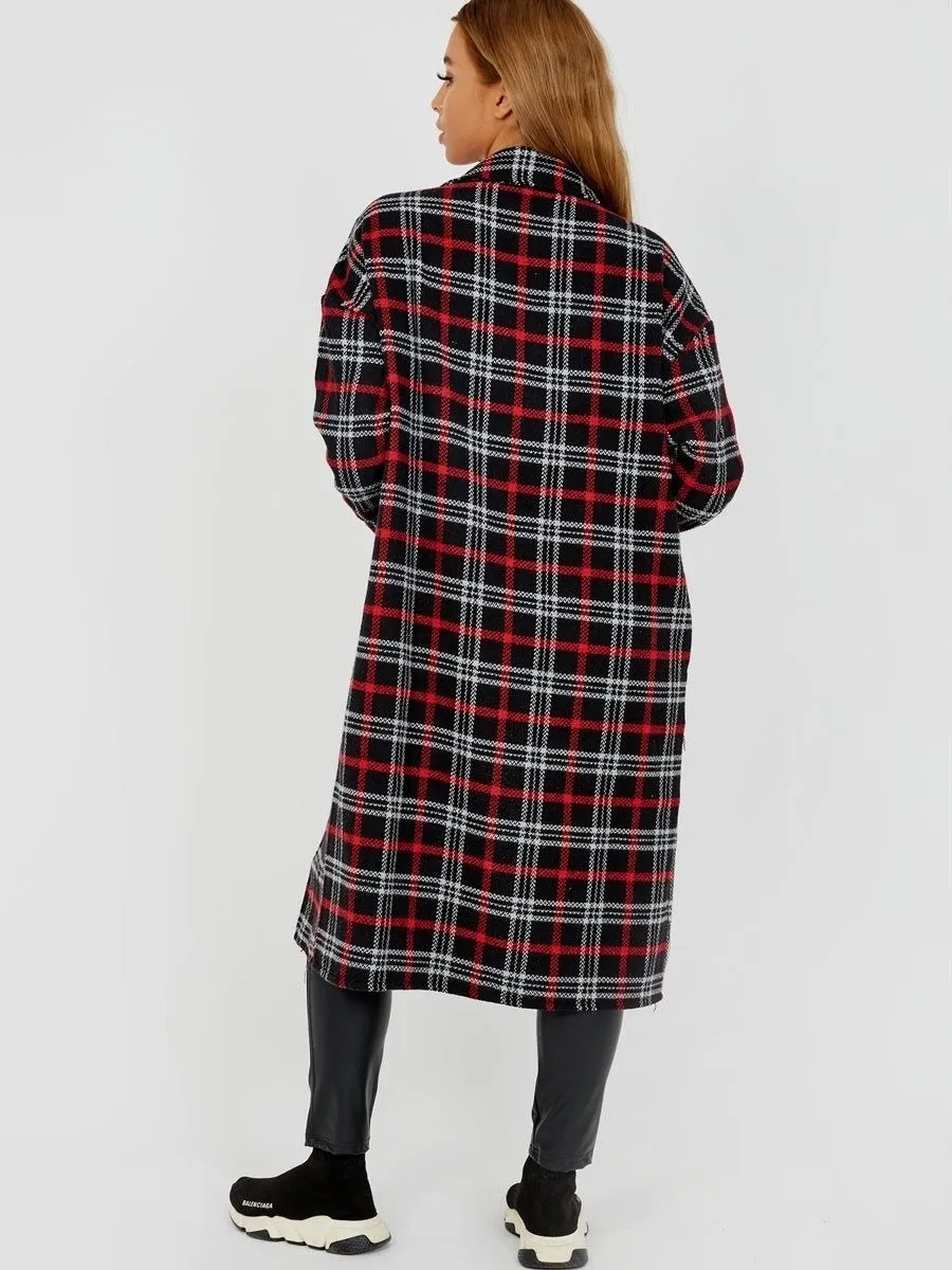 Black Wool Blend Long Check Shacket Coat