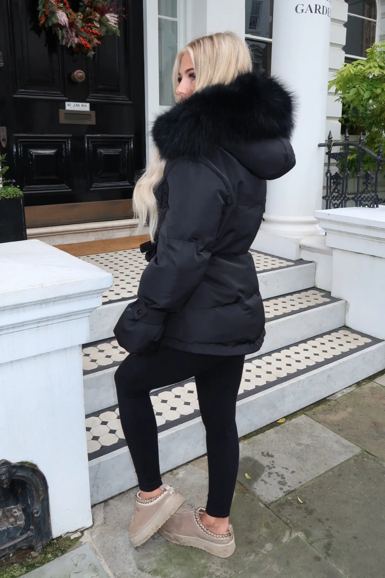 Black/Black Fur Drawstring Luxury Fur Padded Belted Coat