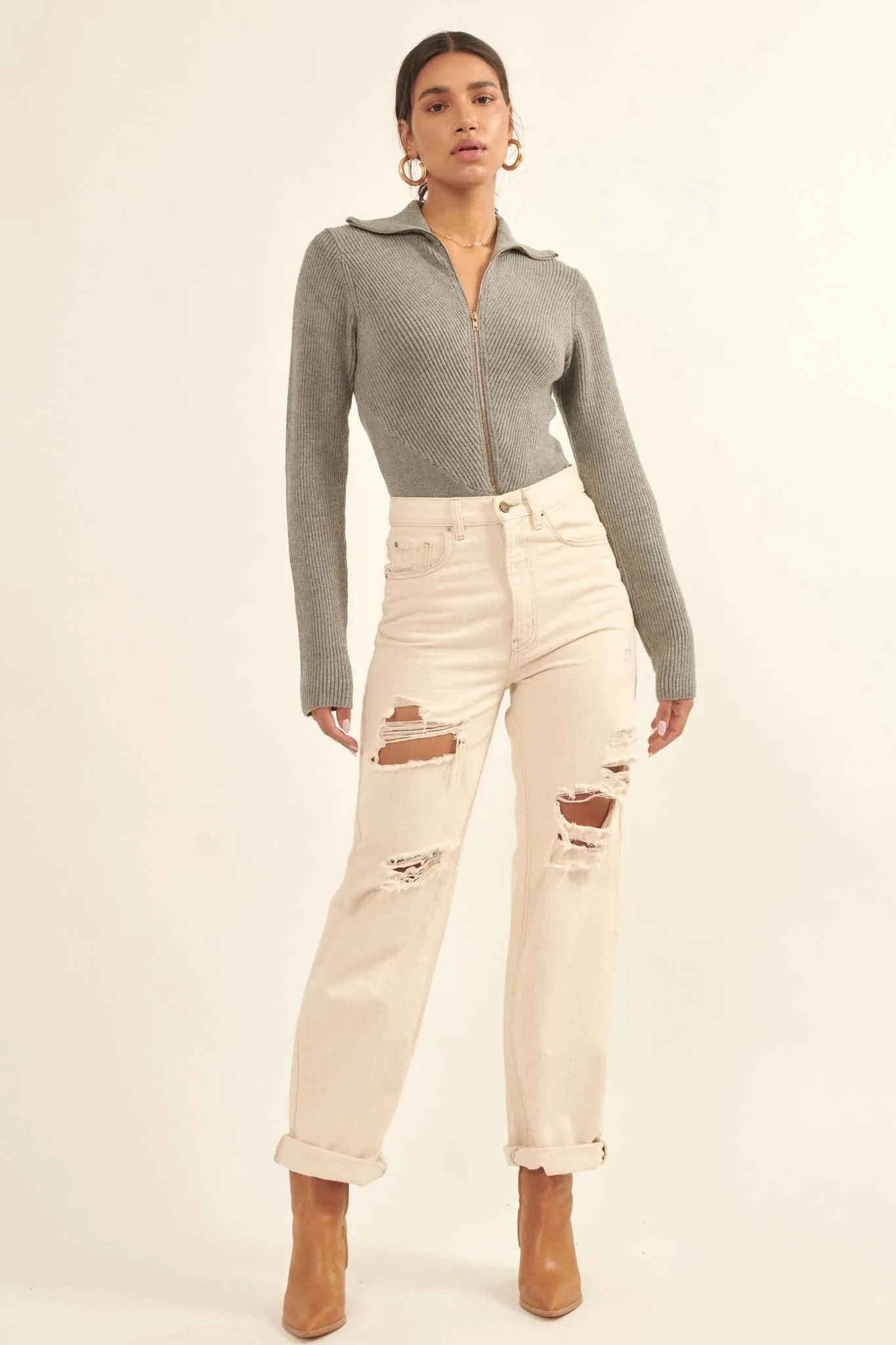 Body Talk Ribbed Knit Zip-Up Sweater Bodysuit