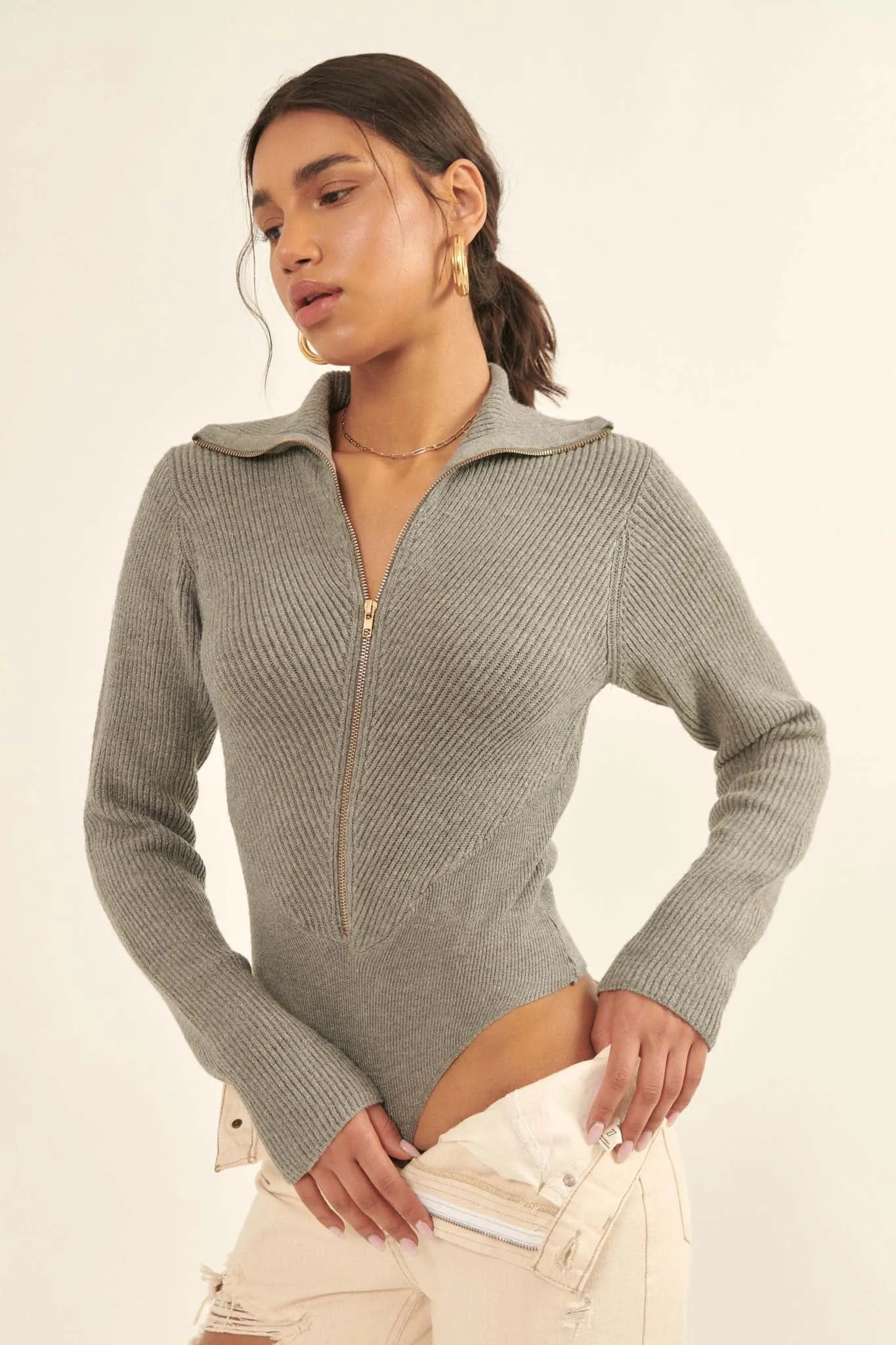 Body Talk Ribbed Knit Zip-Up Sweater Bodysuit