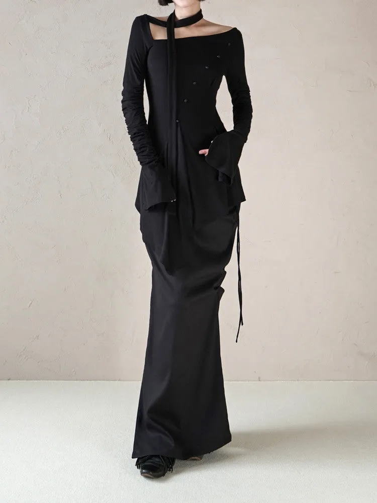 Bottle-Neck Drape Slim Simple Long Dress