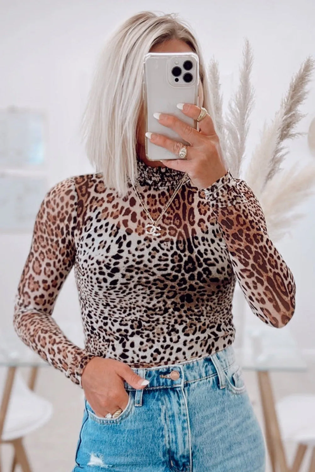 Brown Leopard Smocked Neck Mesh Long Sleeve Bodysuit