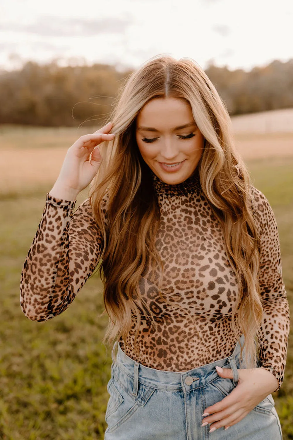 Brown Leopard Smocked Neck Mesh Long Sleeve Bodysuit