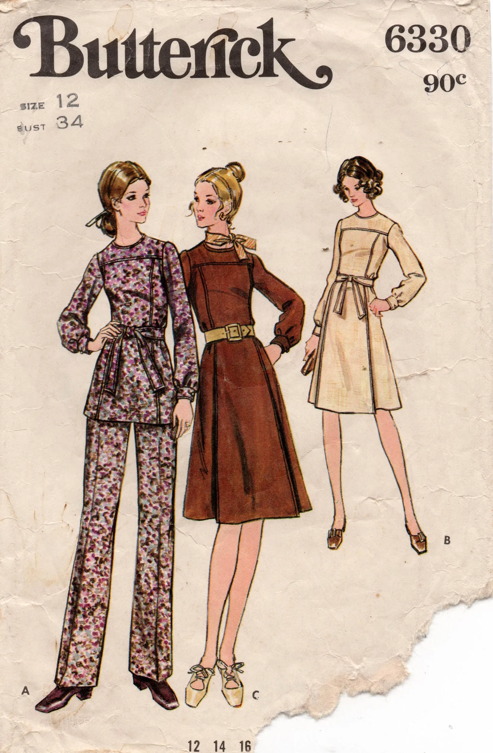 Butterick 6330 Womens Pleat Front Dress Tunic & Pants 1970s Vintage Sewing Pattern Size 12 Bust 34 inches