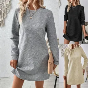 Casual Fashion Plain Round neck Long Sleeve Cashmere Mini Jumper Dress