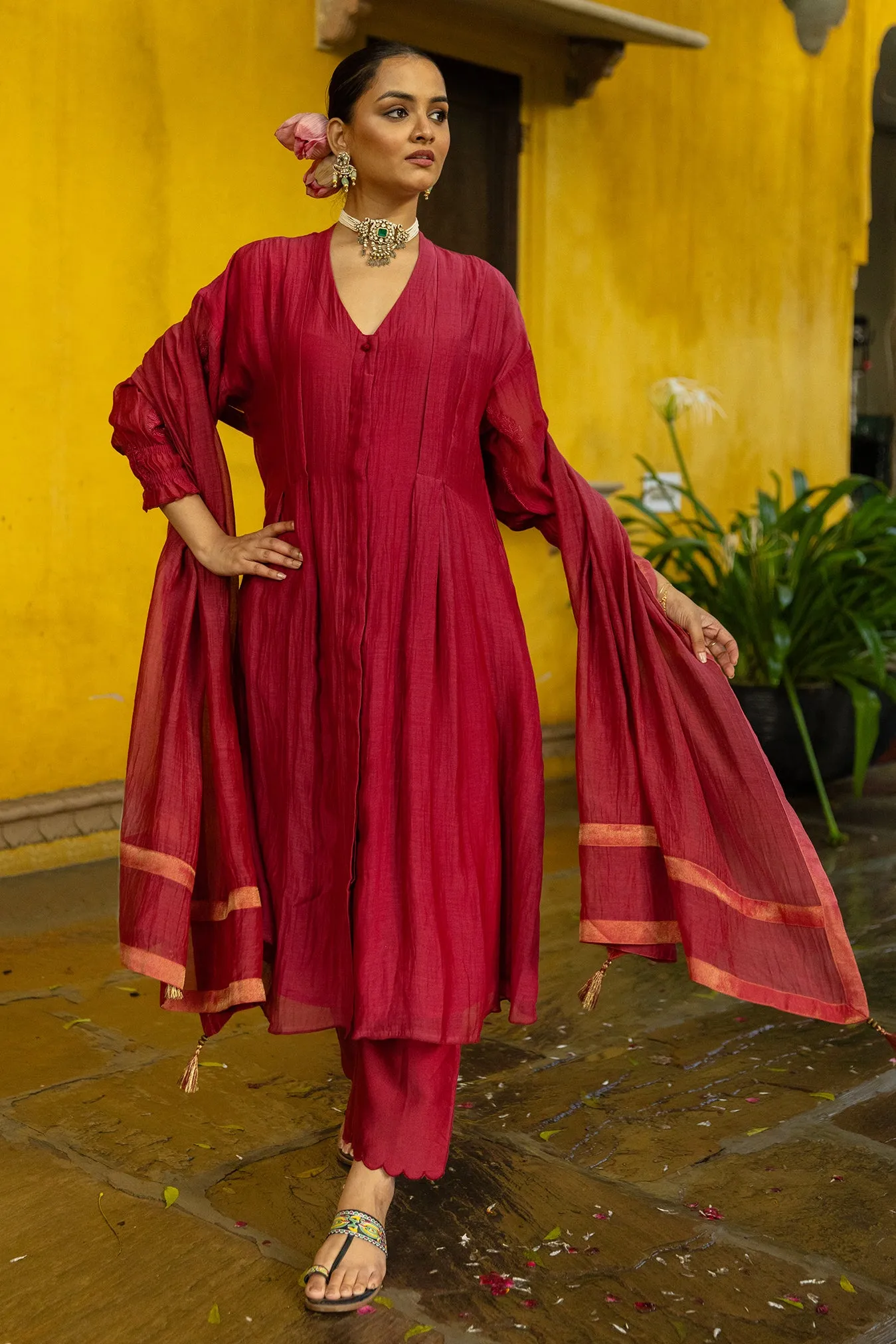 Chanderi Dart Kurta Suit Set