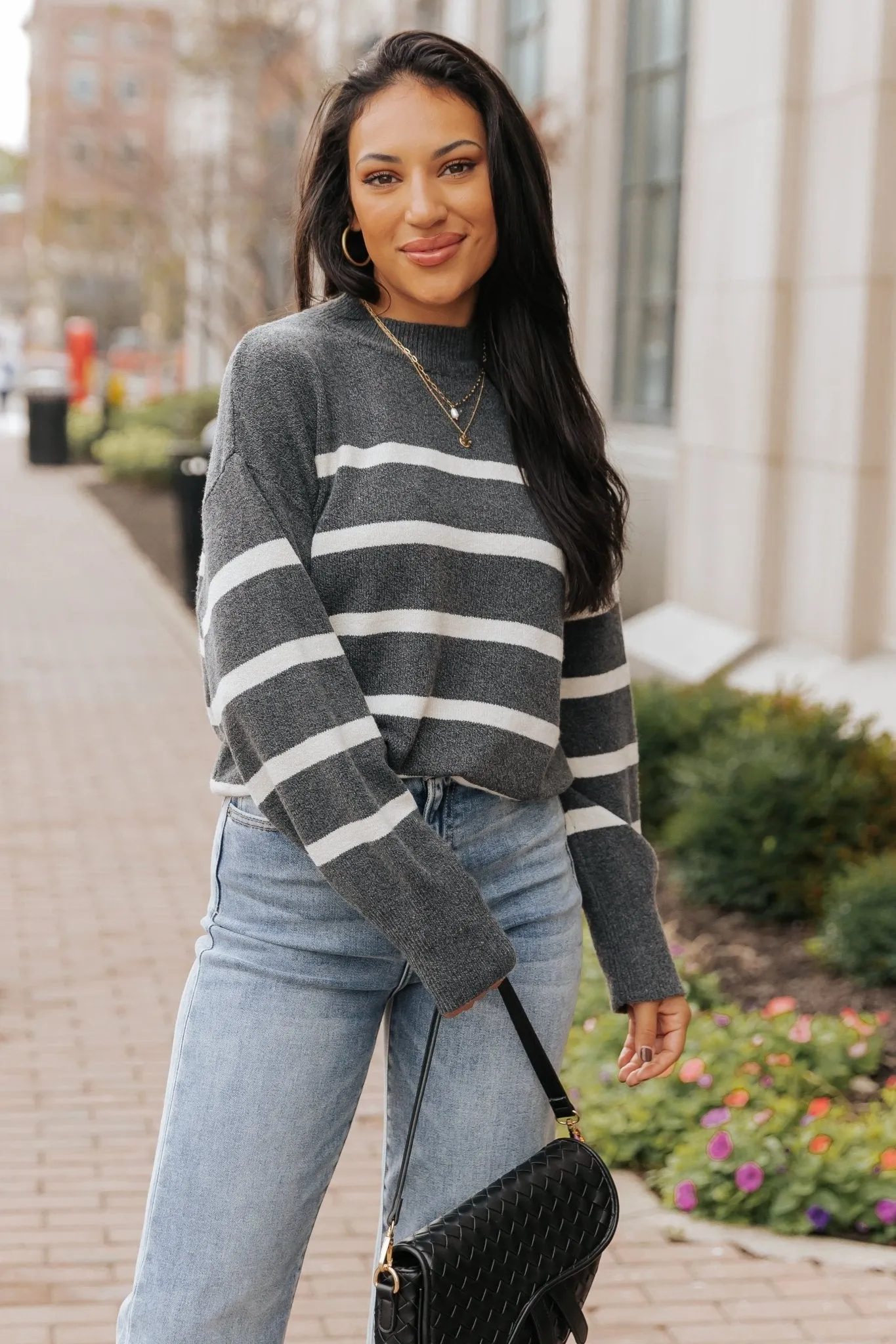 Charcoal and Cream Striped Pullover Sweater