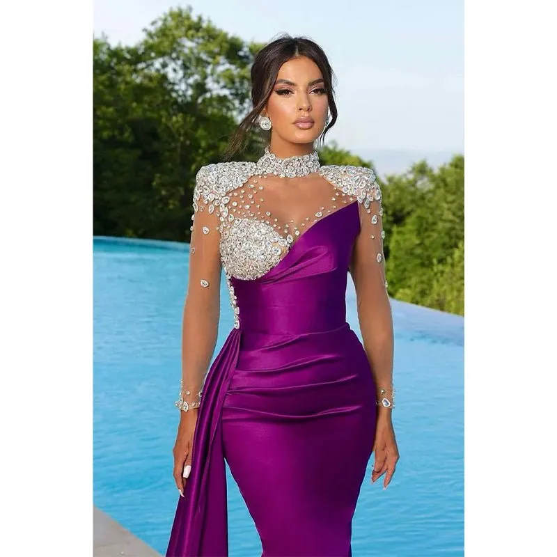 Chic Illusion Neckline Luxury Beads Long Sleeves Mermaid Prom Formal Dress