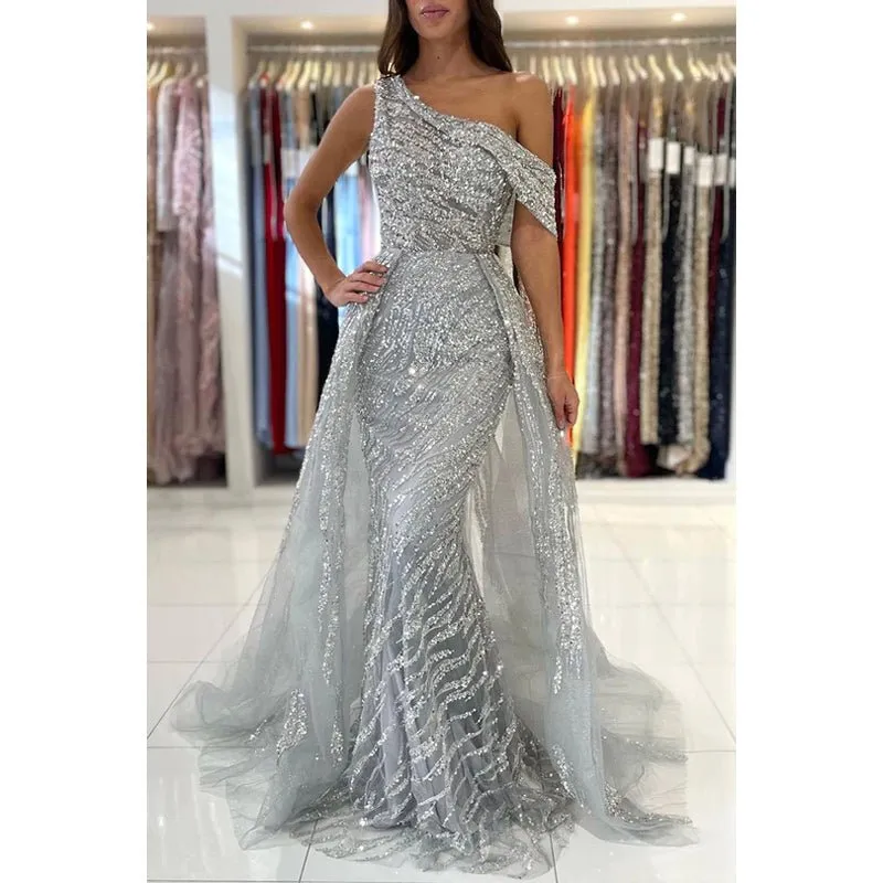 Chic Sparkly One shoulder Mermaid Sleeveless Evening Party Prom Dress