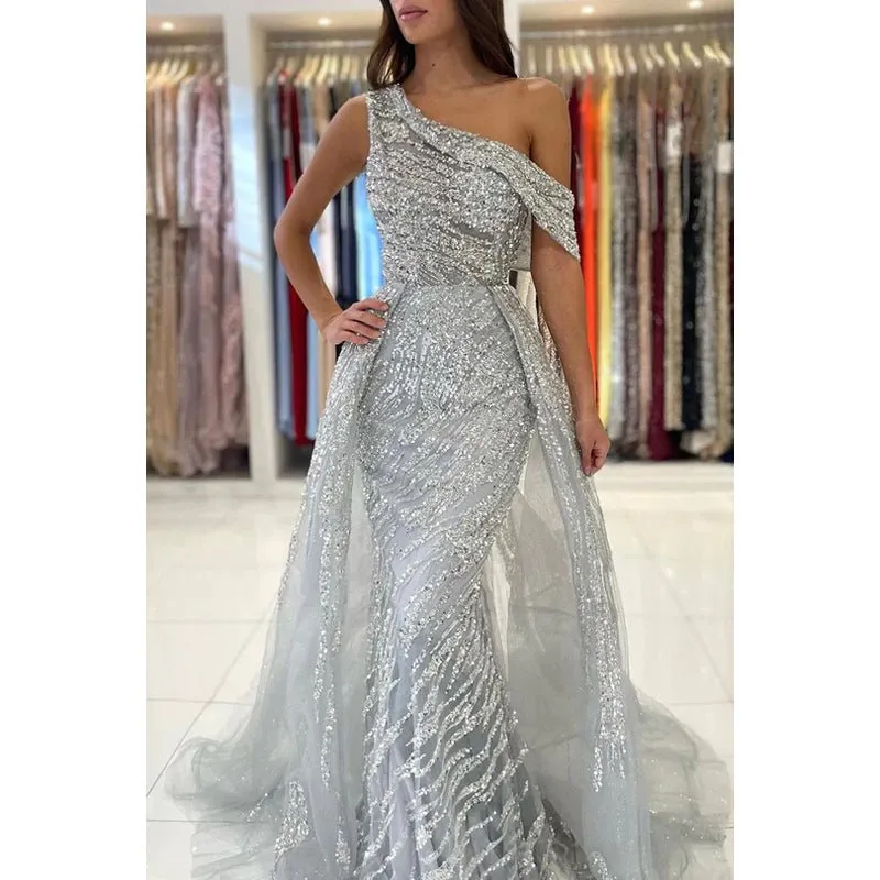 Chic Sparkly One shoulder Mermaid Sleeveless Evening Party Prom Dress