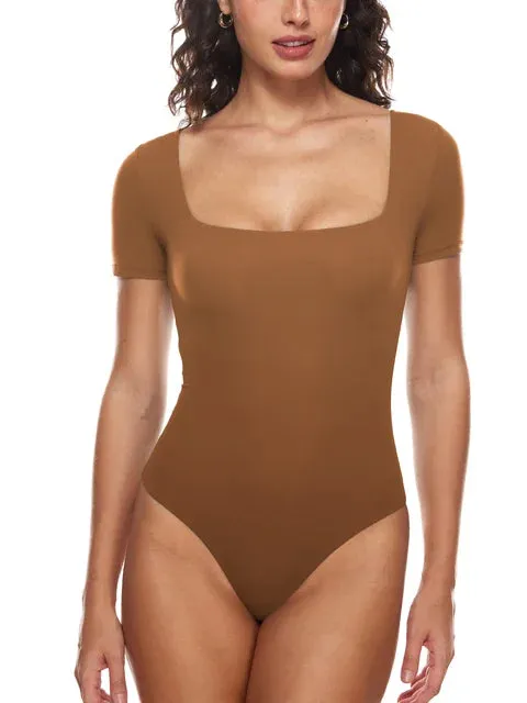 Chic Square Neck Thong Bodysuit Double Lined Soft Sleek