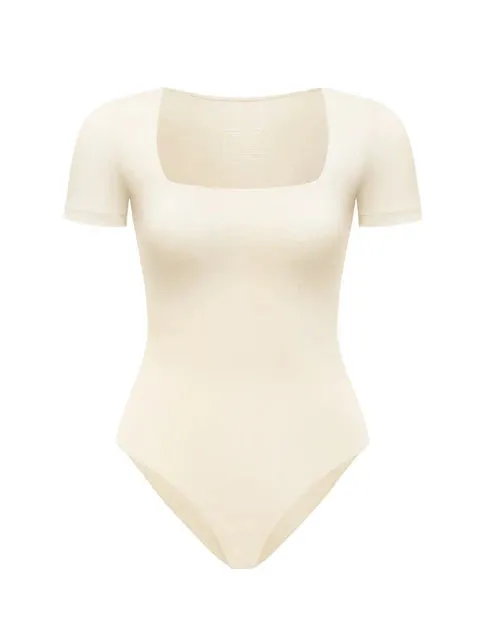 Chic Square Neck Thong Bodysuit Double Lined Soft Sleek