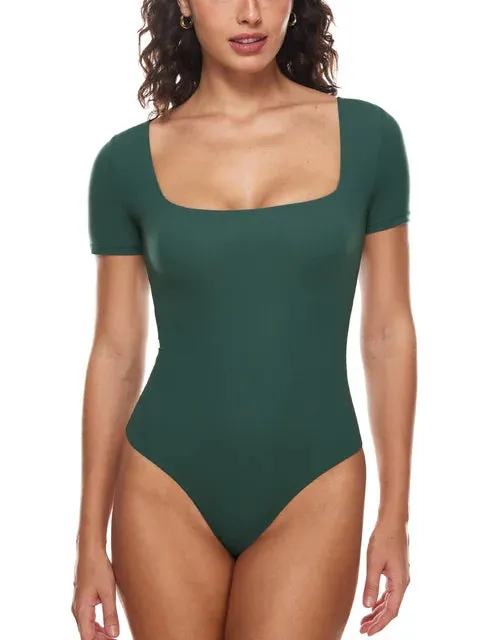 Chic Square Neck Thong Bodysuit Double Lined Soft Sleek