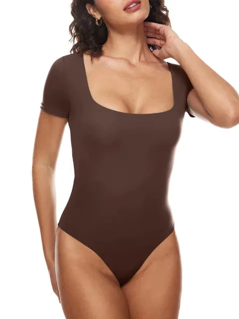 Chic Square Neck Thong Bodysuit Double Lined Soft Sleek