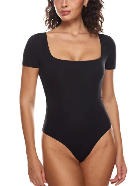 Chic Square Neck Thong Bodysuit Double Lined Soft Sleek