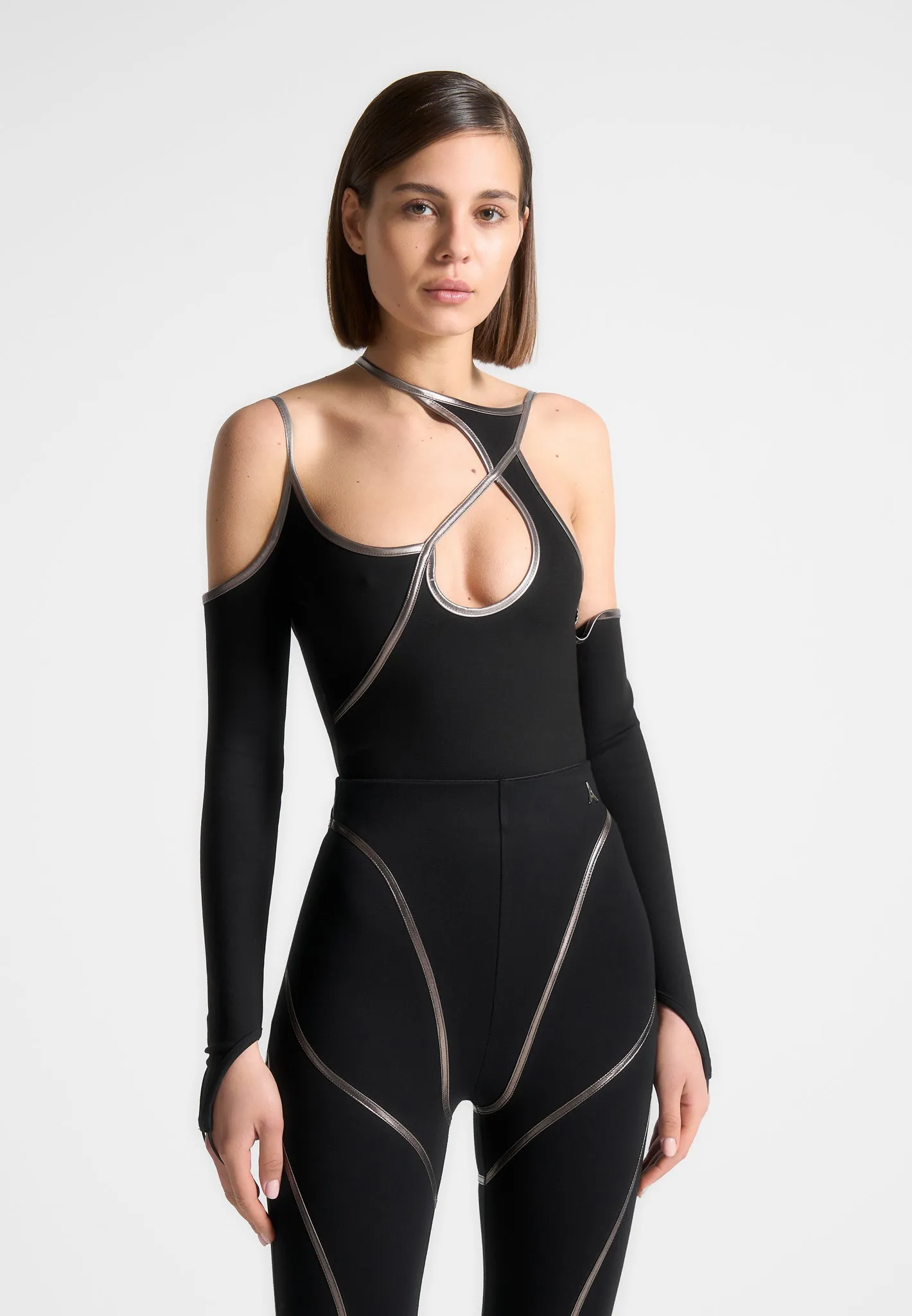 Chrome Piped Contour Bodysuit - Black